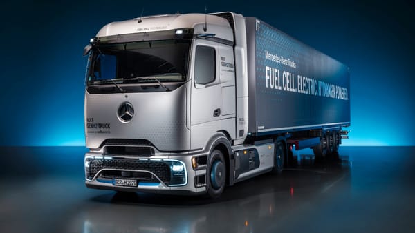 Mercedes-Benz NextGenH2 liquid hydrogen fuel cell truck in studio.